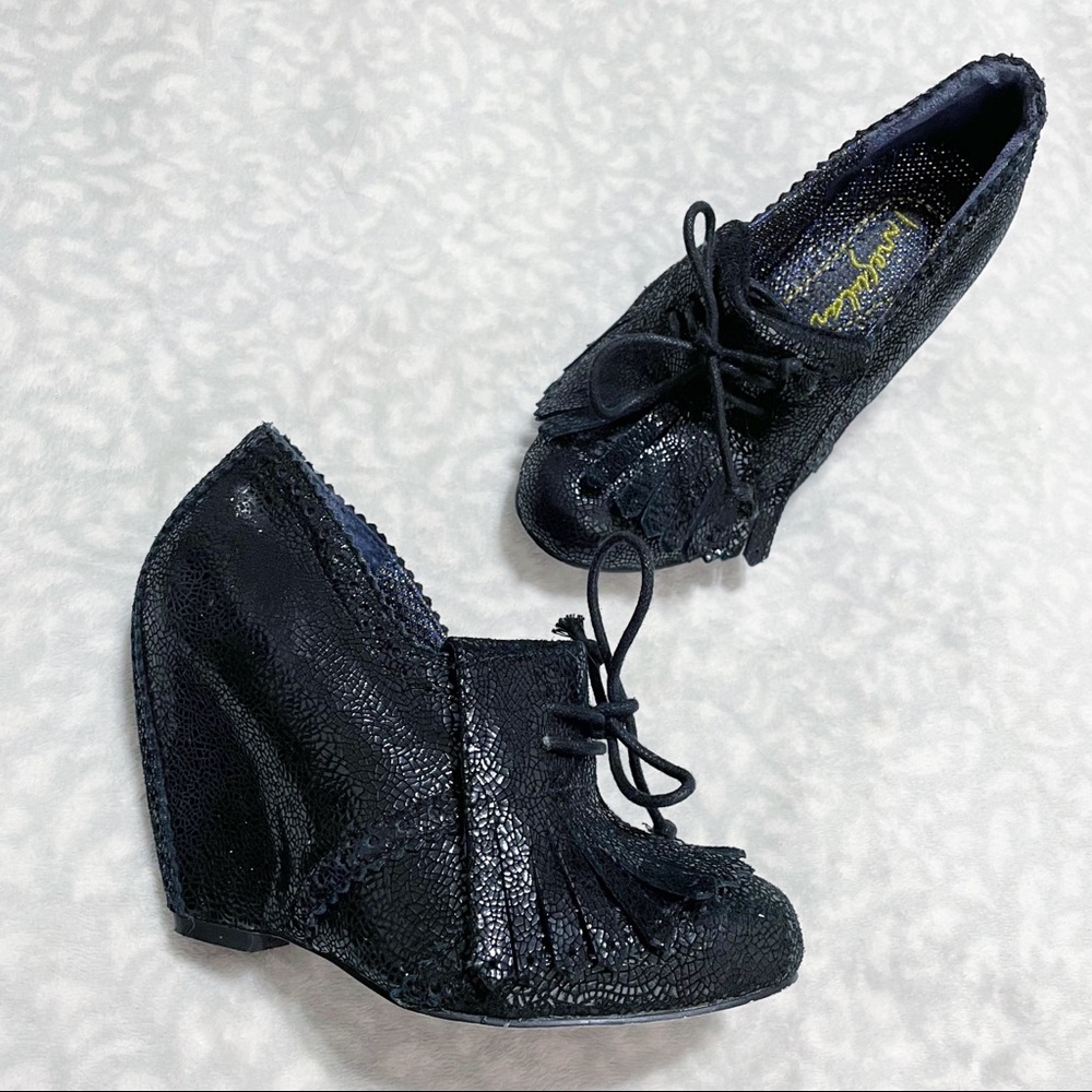 Irregular Choice Wedges I’m From The Future 6.5 Black Crackle Leather Kiltie